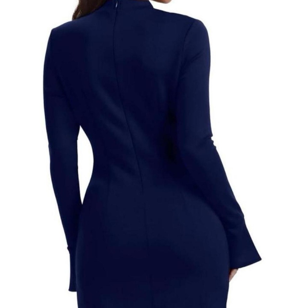 Women's Navy Blue  Long Sleeve Mock Neck Dress Basic Party Mini Dress - Picture 3 of 8